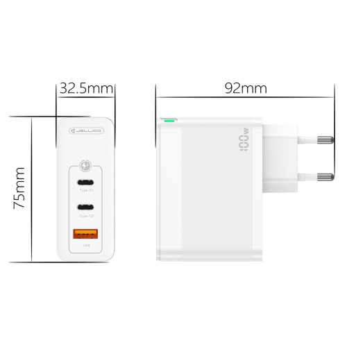Зарядно Jellico C118 220V GaN 100W PD 2xUSB-C, бял