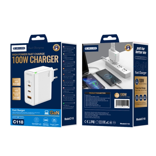 Зарядно Jellico C118 220V GaN 100W PD 2xUSB-C, бял