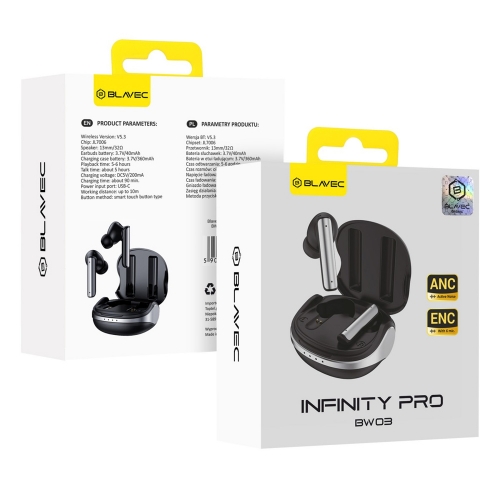 Безжични слушалки Blavec TWS Bluetooth BW-03 Infinity Pro ANC+ENC, BW03IP-B, черен