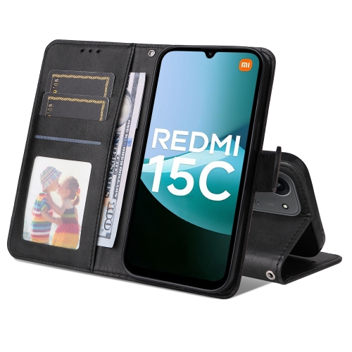 Калъф Тефтер Leather Wallet Stand за Xiaomi Redmi 15C, Черен
