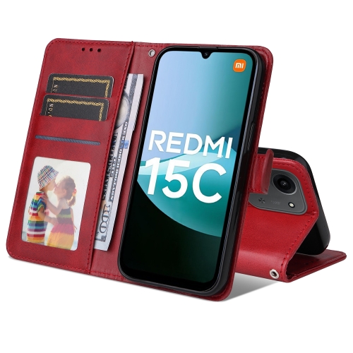 Калъф Тефтер Leather Wallet Stand за Xiaomi Redmi 15C, червен
