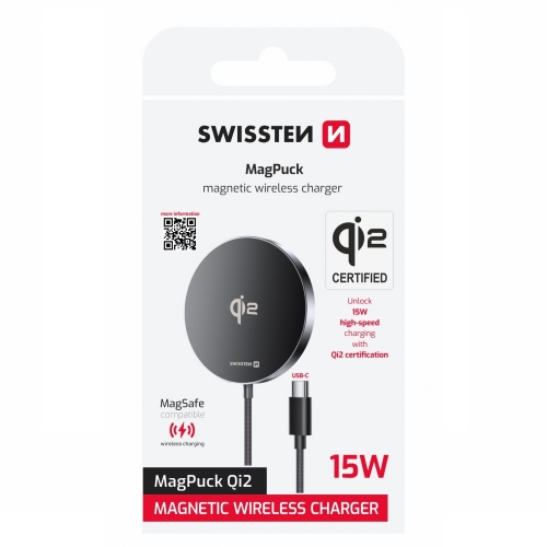Безжично Зарядно SWISSTEN MagPuck Qi2 1.5 M, MagSafe compatible