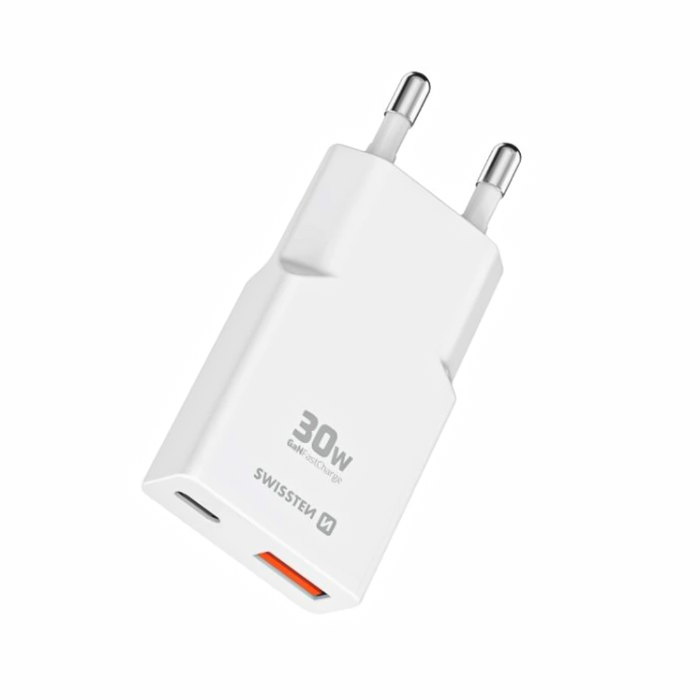 Мрежвово зарядно Swissten Slim  GaN USB-C, USB-A, 30W, бял
