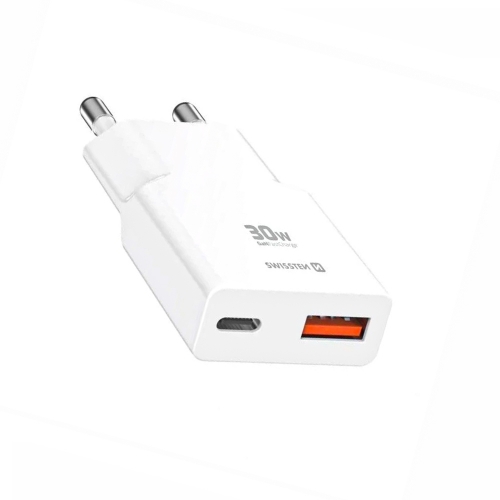 Мрежвово зарядно Swissten Slim  GaN USB-C, USB-A, 30W, бял