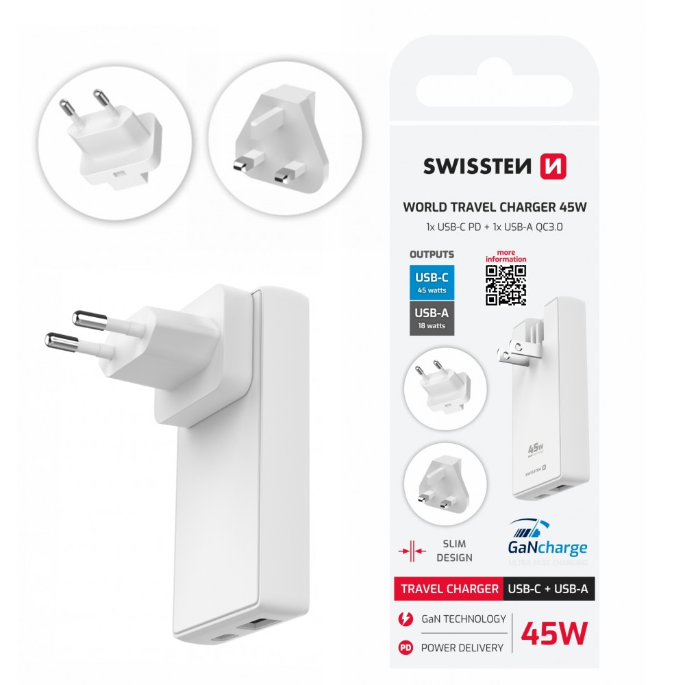 Зарядно Swissten  GaN USB-C,USB-A, 45W Exchangeable Plugs, US, EU, UK, бял