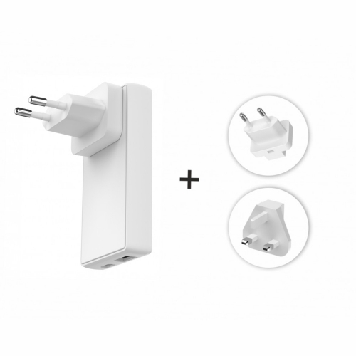 Зарядно Swissten  GaN USB-C,USB-A, 45W Exchangeable Plugs, US, EU, UK, бял