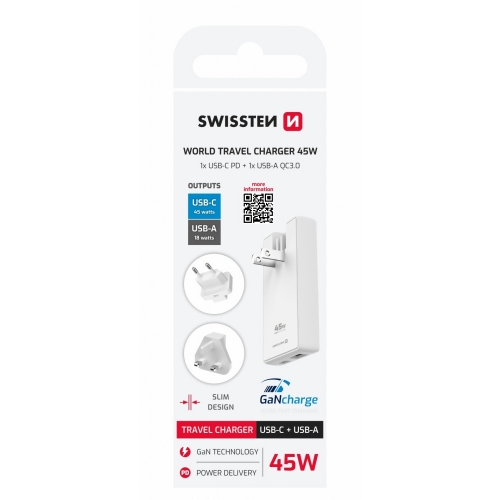 Зарядно Swissten  GaN USB-C,USB-A, 45W Exchangeable Plugs, US, EU, UK, бял