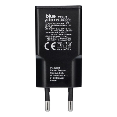 Зарядно 220V Blue Star Slim GaN 1x Type C, 1x USB-A, QC4.0, PD, 3A, 25W, TFK-SC-25WAC, Черен