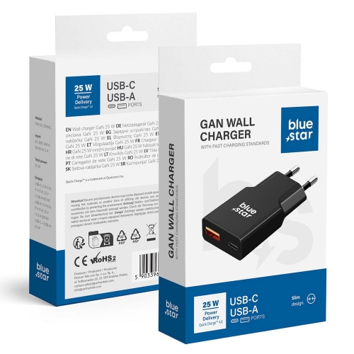 Зарядно 220V Blue Star Slim GaN 1x Type C, 1x USB-A, QC4.0, PD, 3A, 25W, TFK-SC-25WAC, Черен