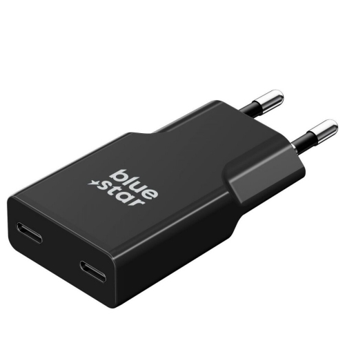 Зарядно 220V Blue Star Slim GaN, 2x USB-C, QC4.0, PD, 3A, 30W, TFK-SC-30WCC, черен