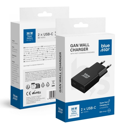 Зарядно 220V Blue Star Slim GaN, 2x USB-C, QC4.0, PD, 3A, 30W, TFK-SC-30WCC, черен