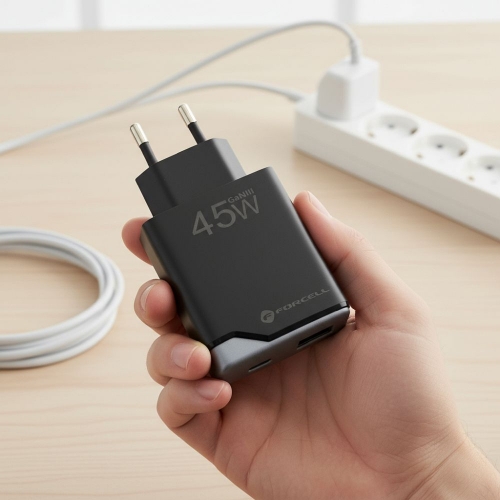 Мрежово Зарядно Forcell F-Energy Ultra Slim GaN III USB-C, USB-A, PD, QC4.0, 3A, 45W, B245202, черен
