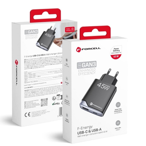 Мрежово Зарядно Forcell F-Energy Ultra Slim GaN III USB-C, USB-A, PD, QC4.0, 3A, 45W, B245202, черен