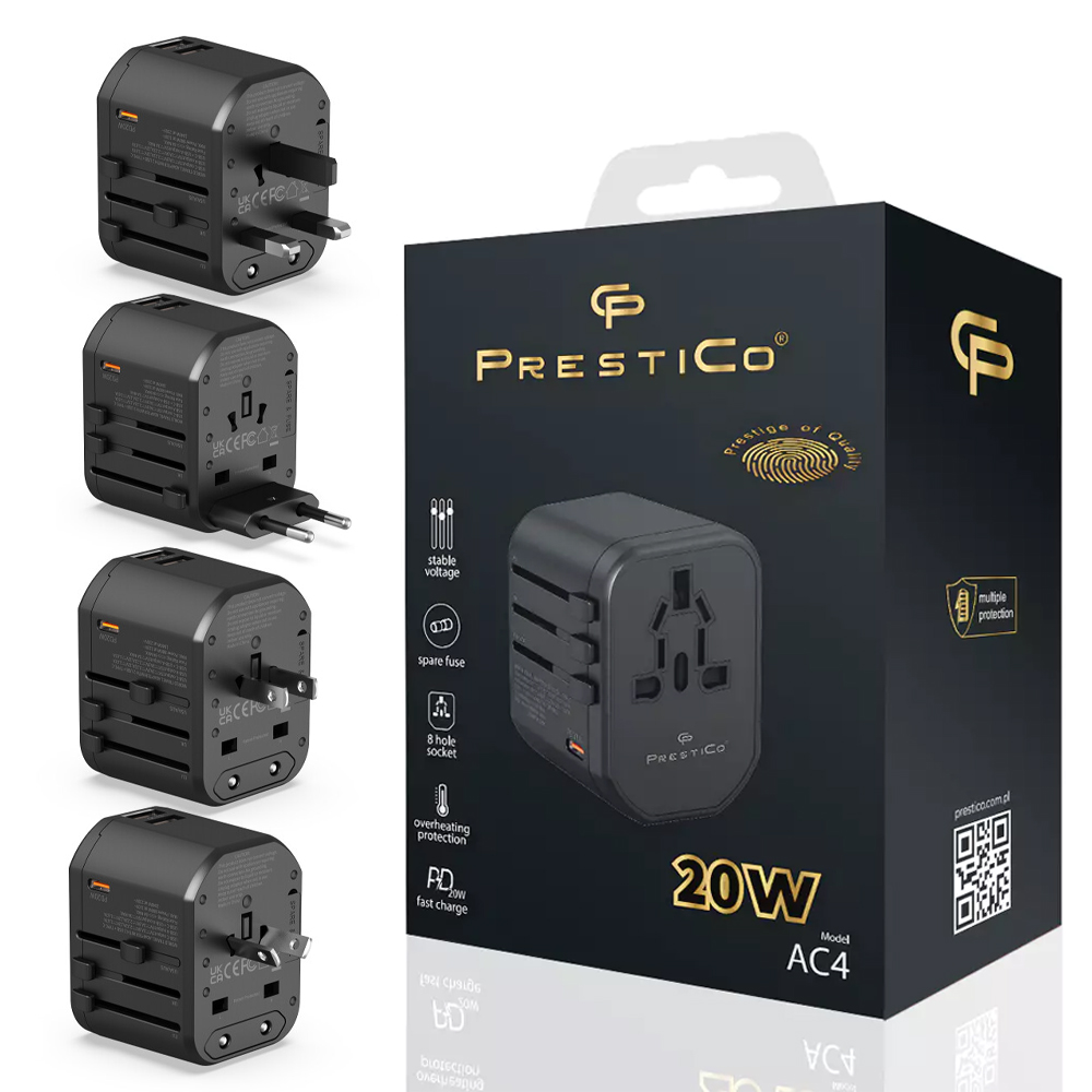 Зарядно Prestico AC4 Travel Adapter PD 20W, черен