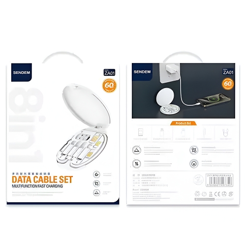 Комплект кабел SENDEM, Type-C към Type-C с адаптери Lightning, Micro USB и USB-A, 60W, Бял