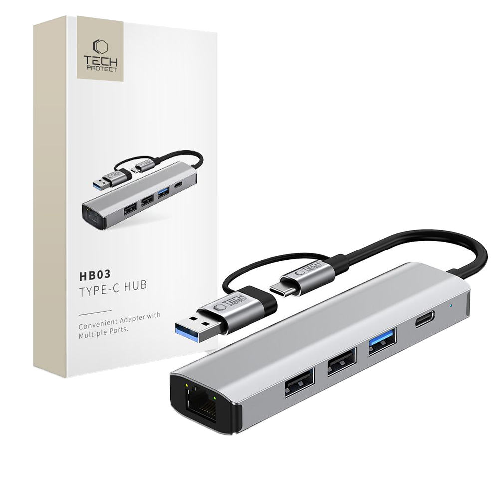 Адаптер 5 в 1 за лаптоп Tech-Protect HB03 Hub USB -Type C, сив