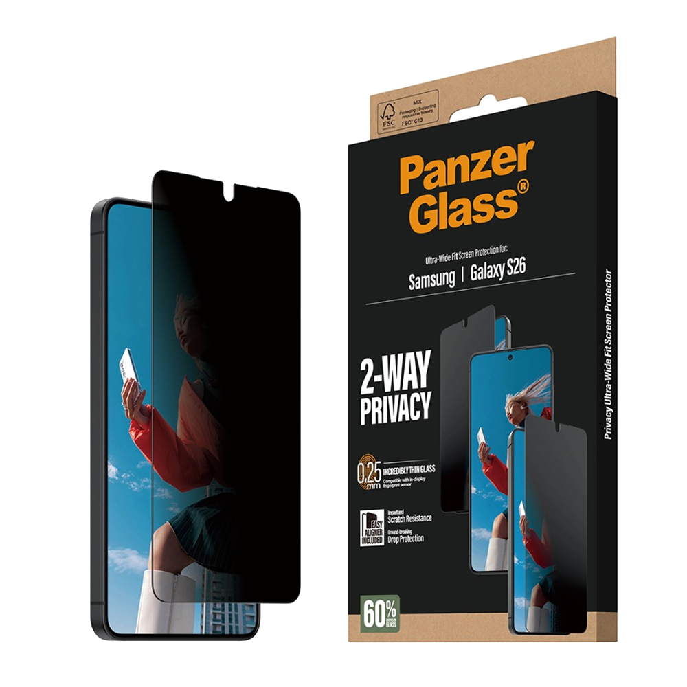 Стъклен протектор PanzerGlass 2-Way Privacy Ultra-Wide Fit w EasyAligner за Samsung Galaxy S26, черен