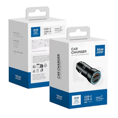 Зарядно за кола Blue Star, USB C + USB A, QC3.0, PD AFC, PPS, 25 W, черен