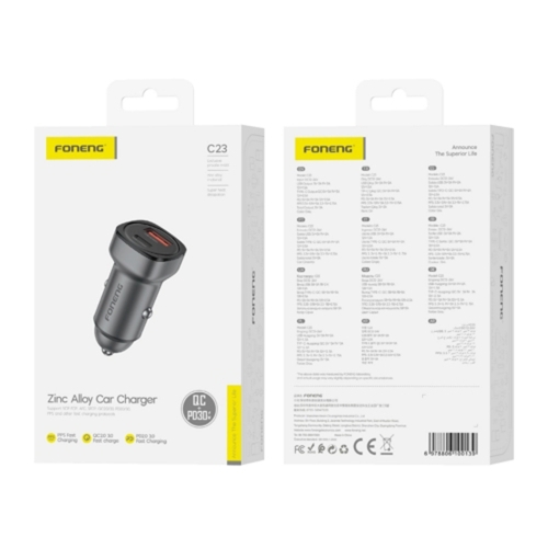 Зарядно за кола Foneng C23, 12V, PD, 30W, 1xUSB-C + 1xUSB, QC3.0, сив