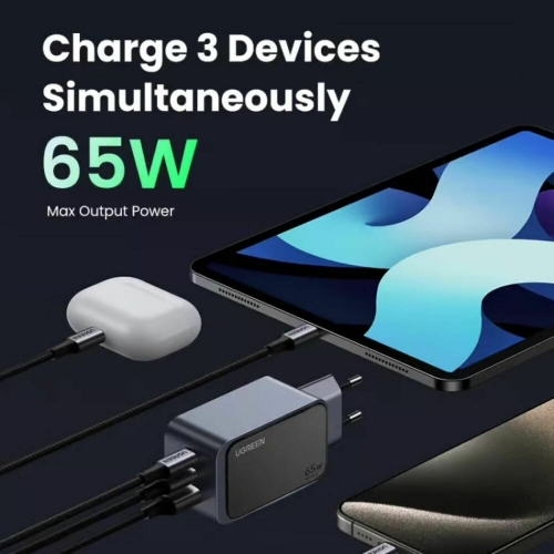 Зарядно Ugreen X553 Nexode Air, 220V, 2xUSB-C,1xUSB A, GaN, 65W, тъмносив