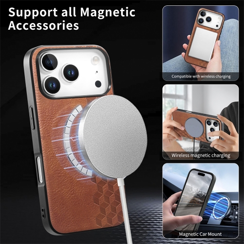 Калъф MagSF Grid Pattern PU Leather + PC за Iphone 17 Pro, кафяв