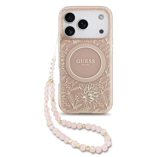 Калъф Guess IML Flowers Allover Strap MagSafe Case за iPhone 17 Pro, розов