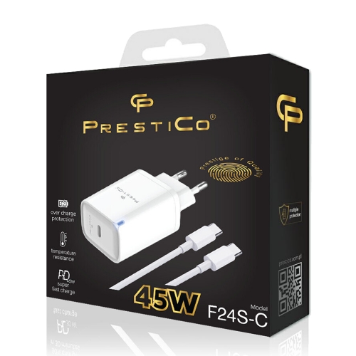 Зарядно 220V Prestico F24S, USB-C, 45W + C2C, PD, GaN, бял
